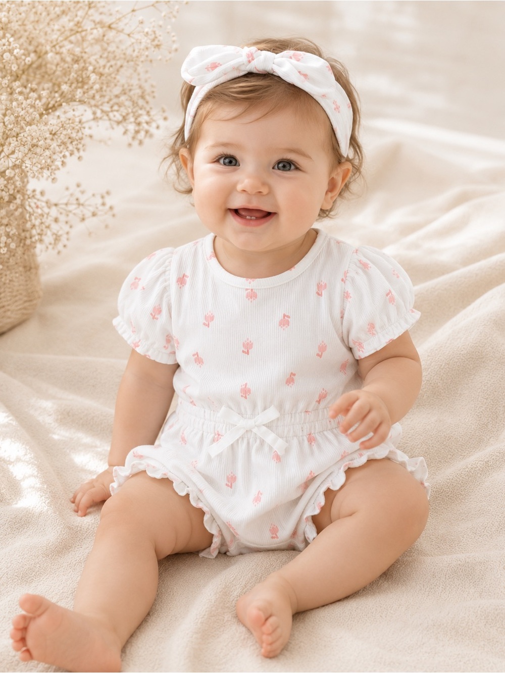 Rachel Zoe White and Pink Baby Romper with matching headband